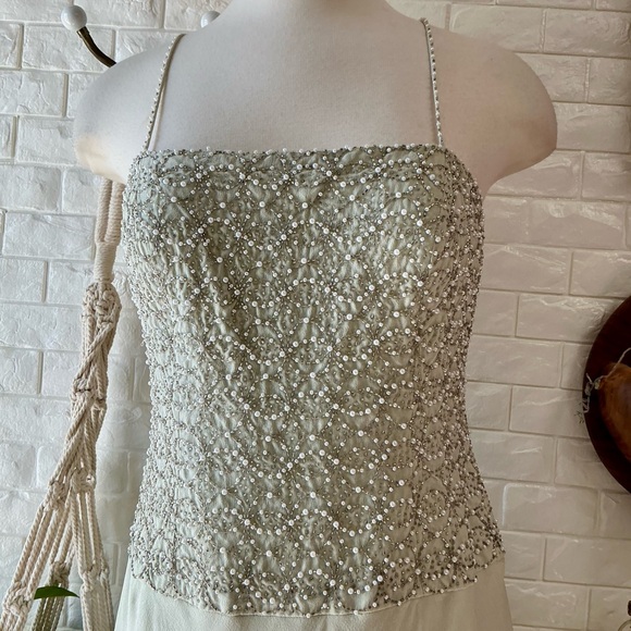 Vintage Dazzelle Inc 100% Silk Ornately Pearl Beaded Layered Chiffon Midi Dress - Picture 5 of 17